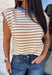 Timeless stripes get a fun seasonal update in this cozy short sleeve sweater. Featuring classic taupe and white stripes with a blue contrast neckline, this knit is the perfect blend of classic and playful. The soft, cozy fabric makes it ideal for crisp fall mornings and cool evenings, while the short sleeves make layering effortless under jackets, and blazers. 