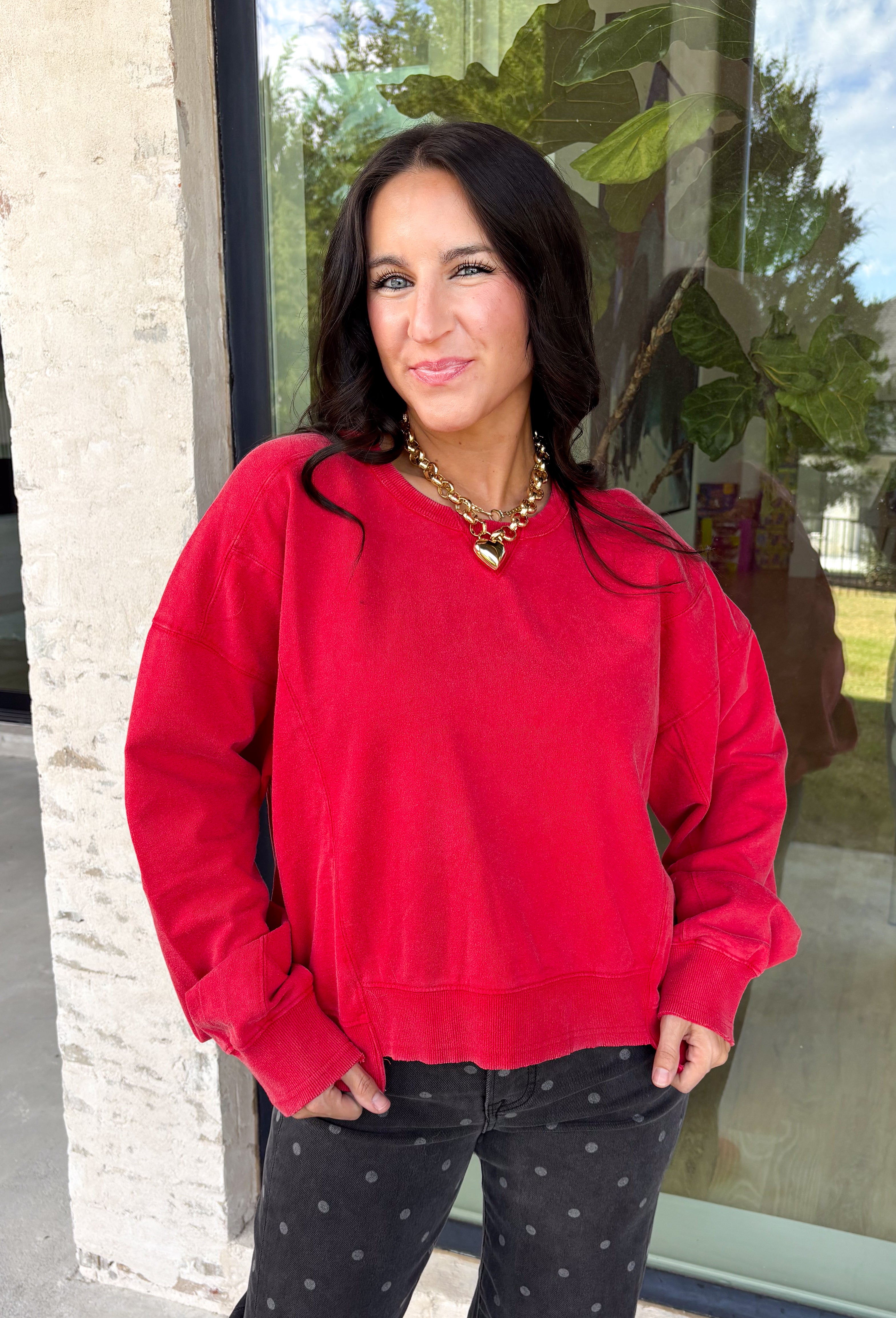 Nothing beats a perfectly broken-in sweatshirt, and this vintage-inspired pullover from Double Zero is one you'll reach for on repeat. Designed in a relaxed red wash, this lightweight sweatshirt has that lived-in look and feel you love from the very first wear. Ribbed trim at the neckline, cuffs, and hem adds a timeless finish, while the relaxed fit makes it perfect for layering or wearing on its own. 