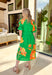 This green midi dress is a total spring showstopper thanks to its bold floral print in sunny orange and yellow! The vibrant blooms pop beautifully against the fresh green background, giving you that cheerful, can’t-miss-it kind of look (in the best way). The flattering v-neckline and matching self-tie waist create an easy, defined shape, while the elastic cuffs keep the sleeves comfy and effortless. Finished with side pockets and a full lining, this dress is ready for everything from brunch to spring events