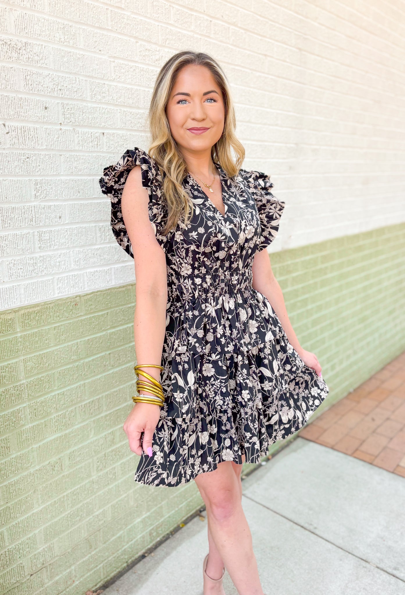 Around Downtown Floral Dress, black, tan and cream floral ruffle sleeve dress with ruffle tiering and cinching at the waist