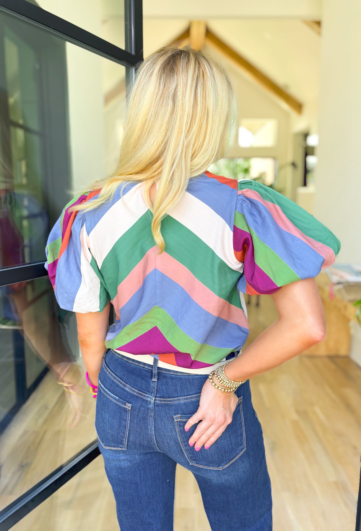 At This Point Blouse, chevron puff sleeve blouse in the colors amazon green, sage green, orange, fuchsia, mauve, light blue and white 