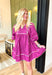 Austin Nights Dress, fuchsia blousy quarter sleeve v-neck mini dress with multi-colored hemming on the hems, cinching of the sleeves, neckline, tier of the dress, and across the chest 