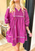 Austin Nights Dress, fuchsia blousy quarter sleeve v-neck mini dress with multi-colored hemming on the hems, cinching of the sleeves, neckline, tier of the dress, and across the chest 