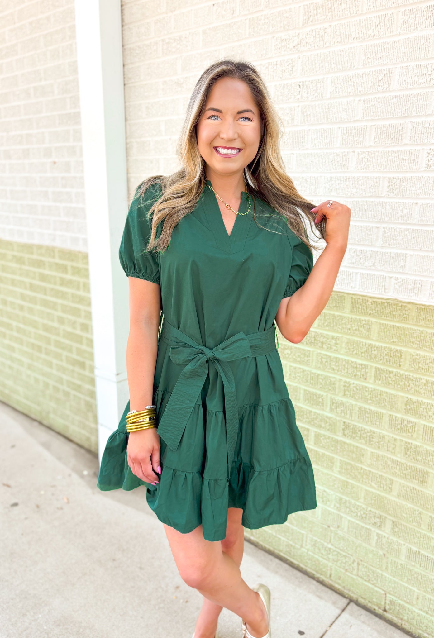  Autumn Charm Dress in Forest, forest green puff sleeve & tiered dress with v-neck, tie belt detail and pockets 