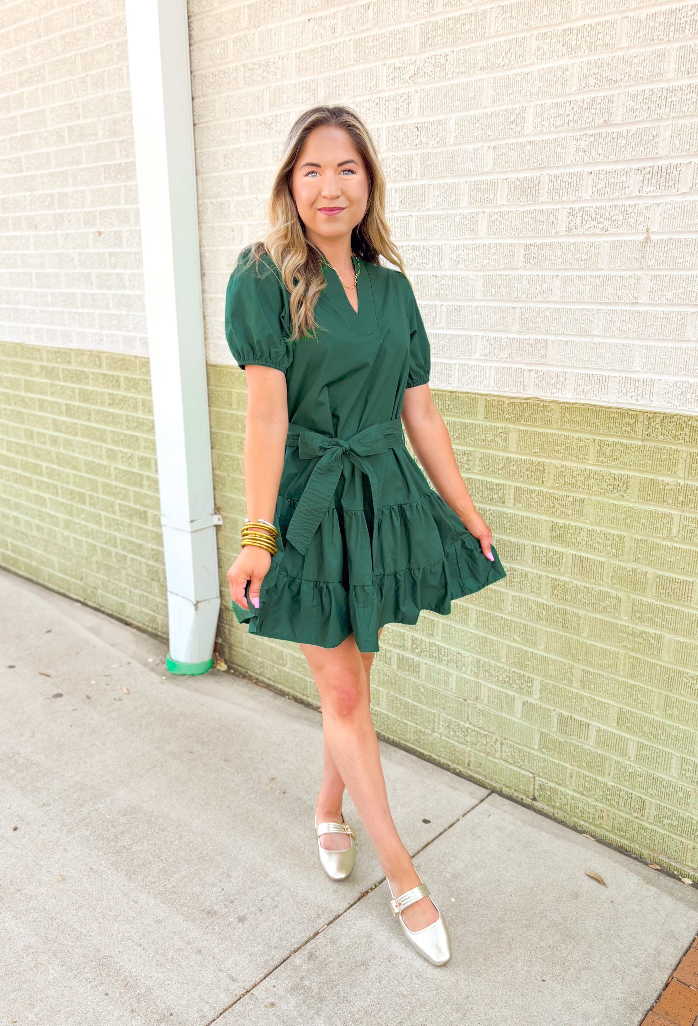 Autumn Charm Dress in Forest, forest green puff sleeve & tiered dress with v-neck, tie belt detail and pockets 