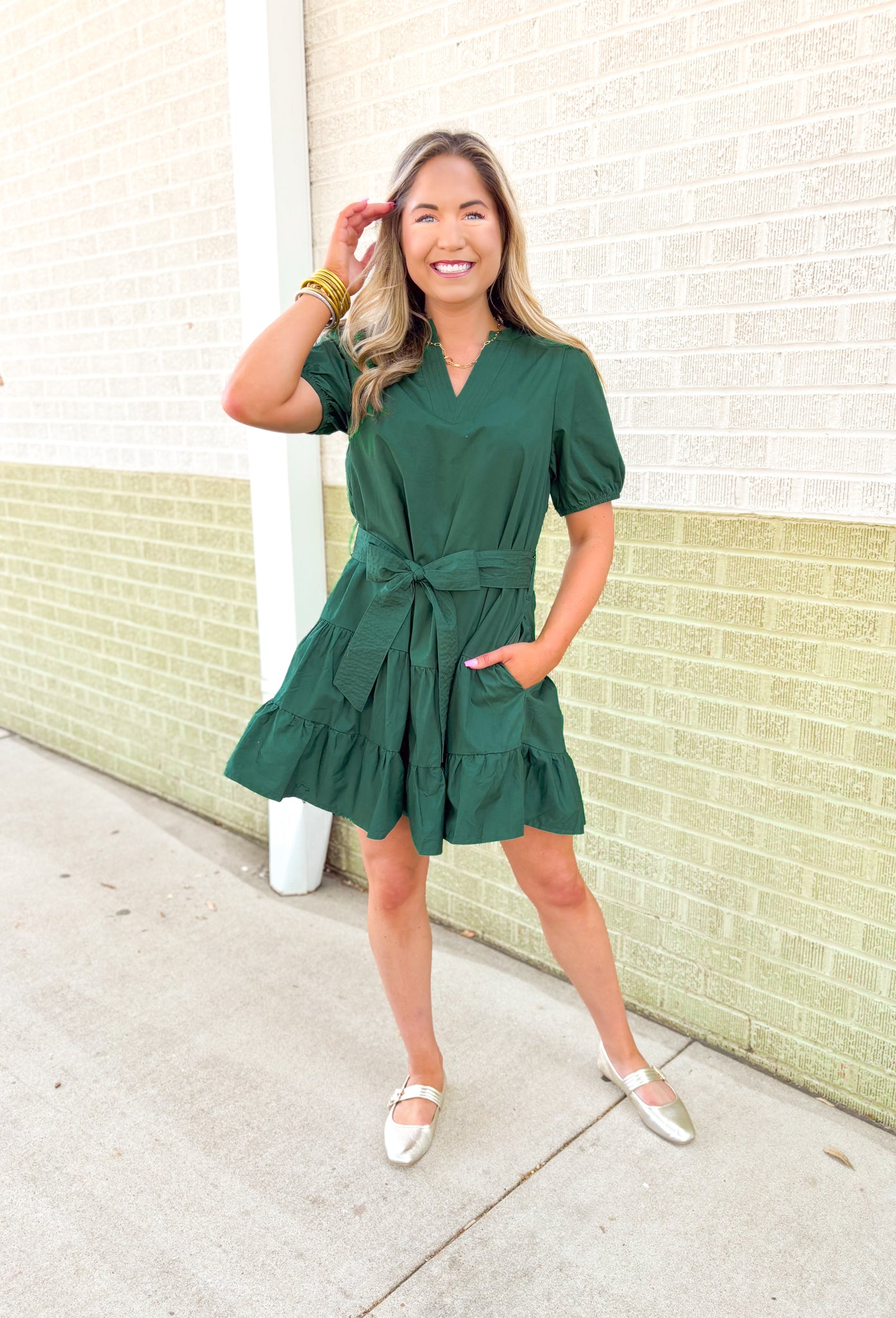 Autumn Charm Dress in Forest, forest green puff sleeve & tiered dress with v-neck, tie belt detail and pockets 