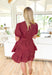 Autumn Charm Dress in Red Brown, burgundy puff sleeve tiered mini dress with v-neck, pockets, and tie belt detail 