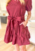 Autumn Charm Dress in Red Brown, burgundy puff sleeve tiered mini dress with v-neck, pockets, and tie belt detail 