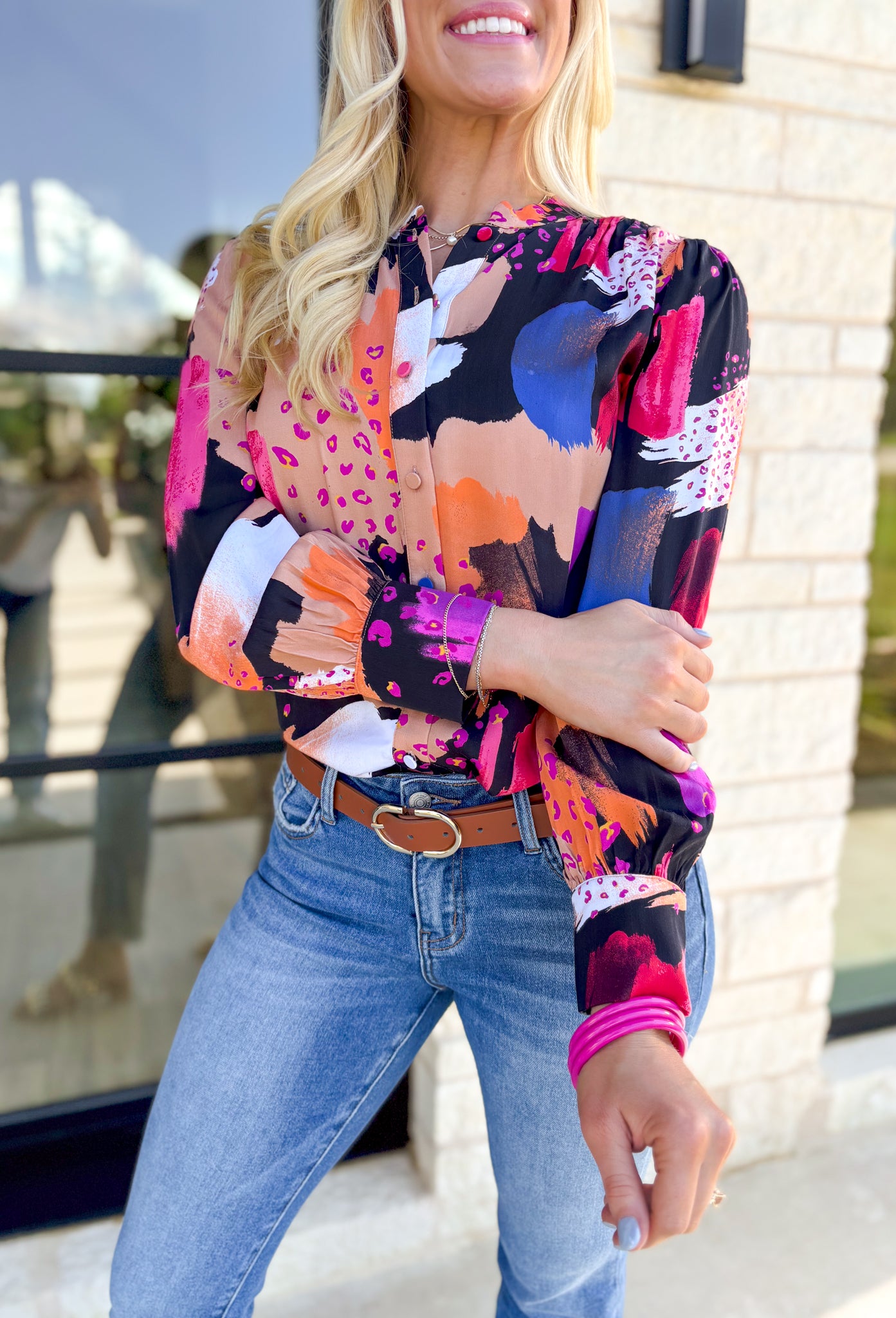 Autumn Season Button Down Blouse, multi-colored button down blouse, colors are hot pink, fuchsia, black, white, orange, pale orange, and blue