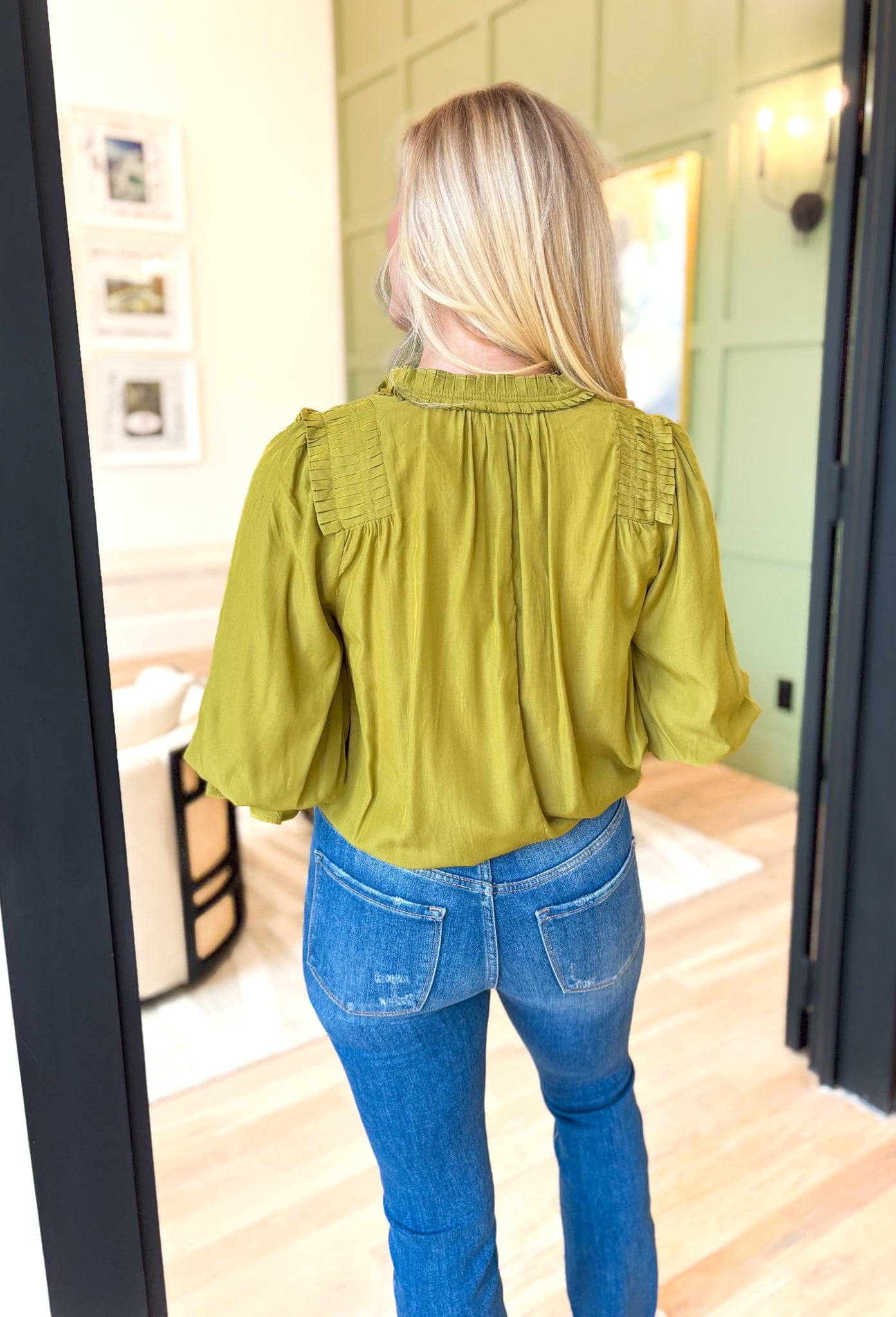 Best Effort Blouse in Olive, quarter sleeve blouse with ruffle detail around the neck and on the shoulders, v-neck line, ruffling on the bottom of the sleeves 