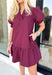 Caught Crushing Dress in Merlot, puff sleeve dress with smocked v-neck line and smocking on the hem of the sleeve, tier detail on the bottom hem of the dress 