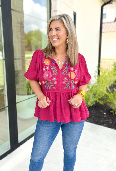 Change Your Mind Top, rosy burgundy puff sleeve babydoll styled blouse with embroidered floral print on the chest