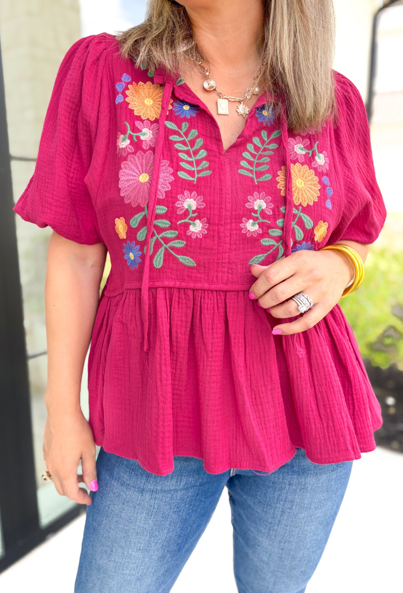 Change Your Mind Top, rosy burgundy puff sleeve babydoll styled blouse with embroidered floral print on the chest