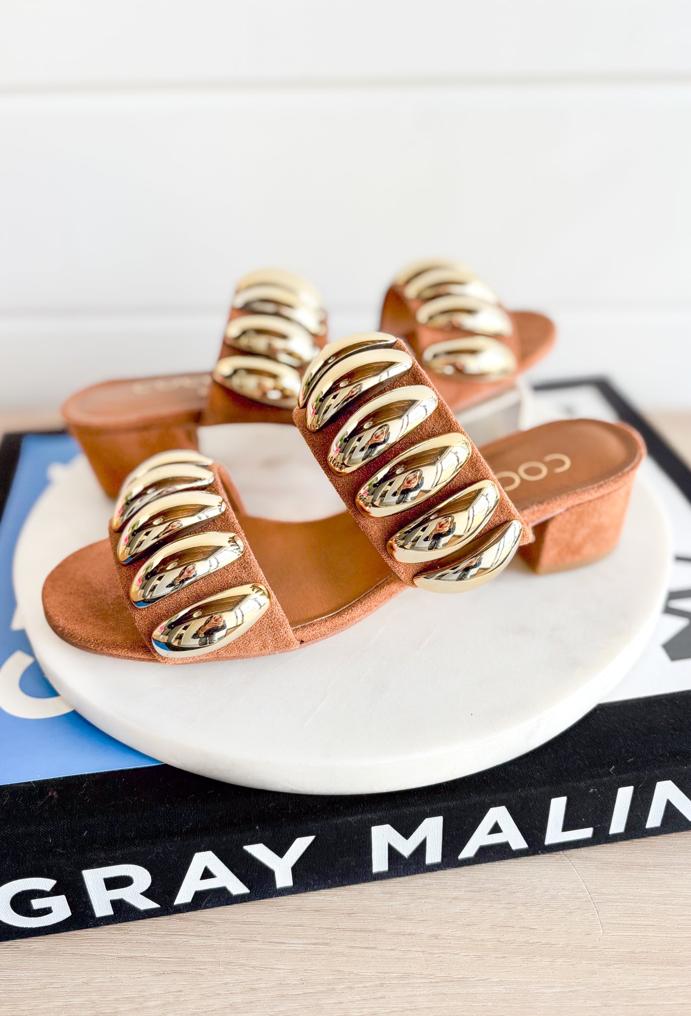 Coconuts By Matisse Dome Heeled Sandal, cognac two strap heel with gold half moon details on both straps