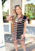 Coffee In The Morning Dress, cap sleeve knit mini dress with quarter zip detail, horizontal stripe color block pattern in the colors brown, black, and off white