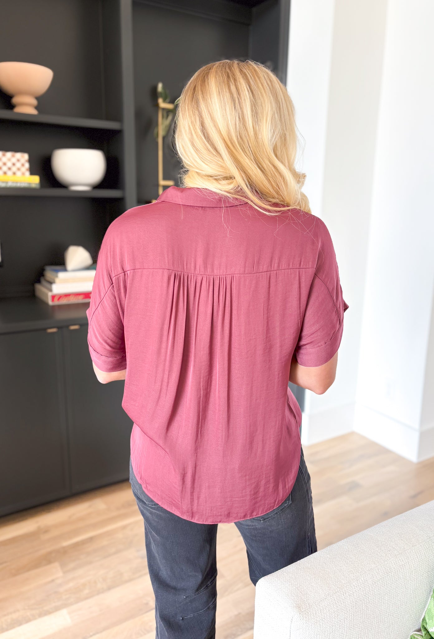 Day To Day Top in Rose Wood, short sleeve satin tee with v-neck, collar, and rolled sleeves in a dusty rose color 