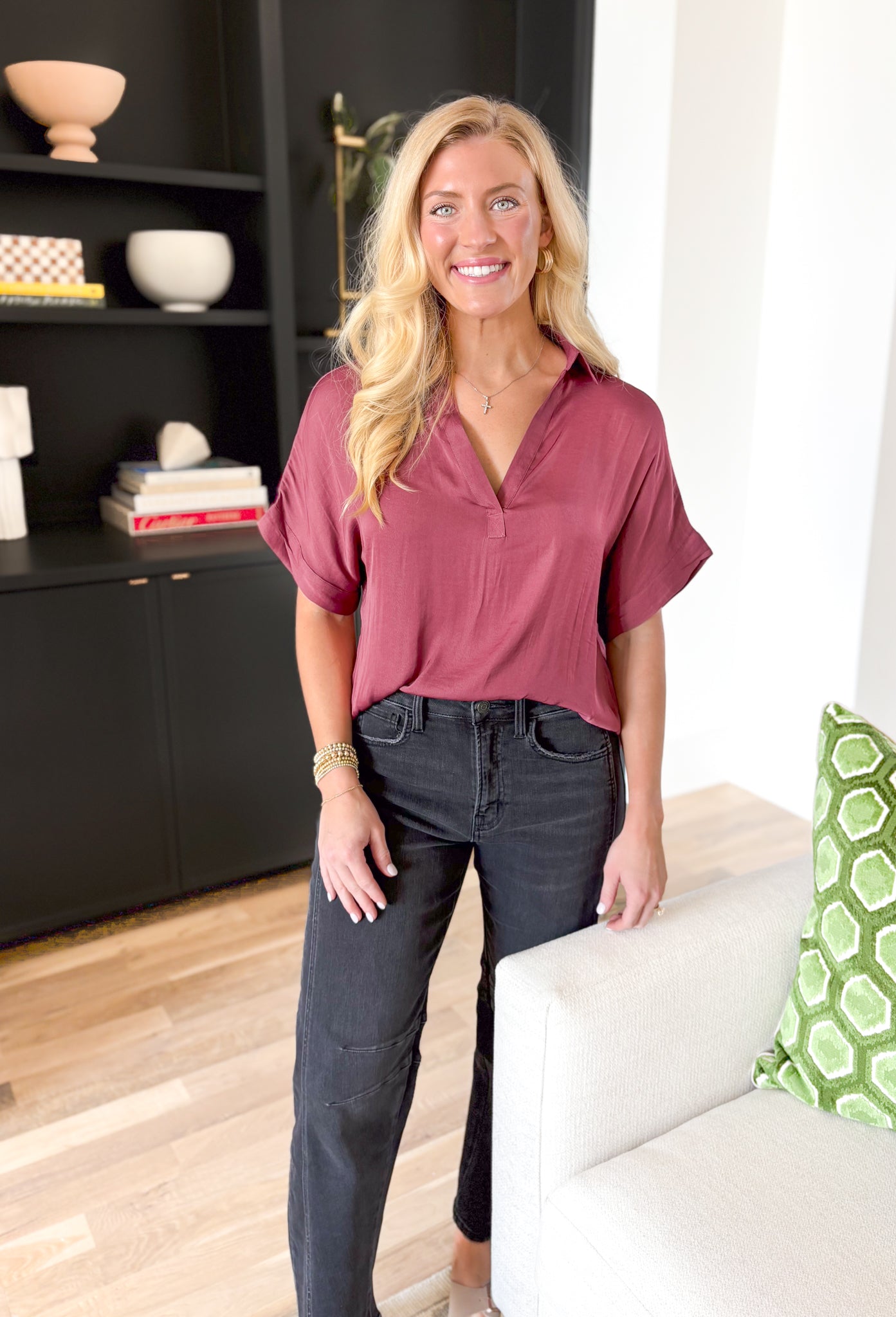 Day To Day Top in Rose Wood, short sleeve satin tee with v-neck, collar, and rolled sleeves in a dusty rose color 