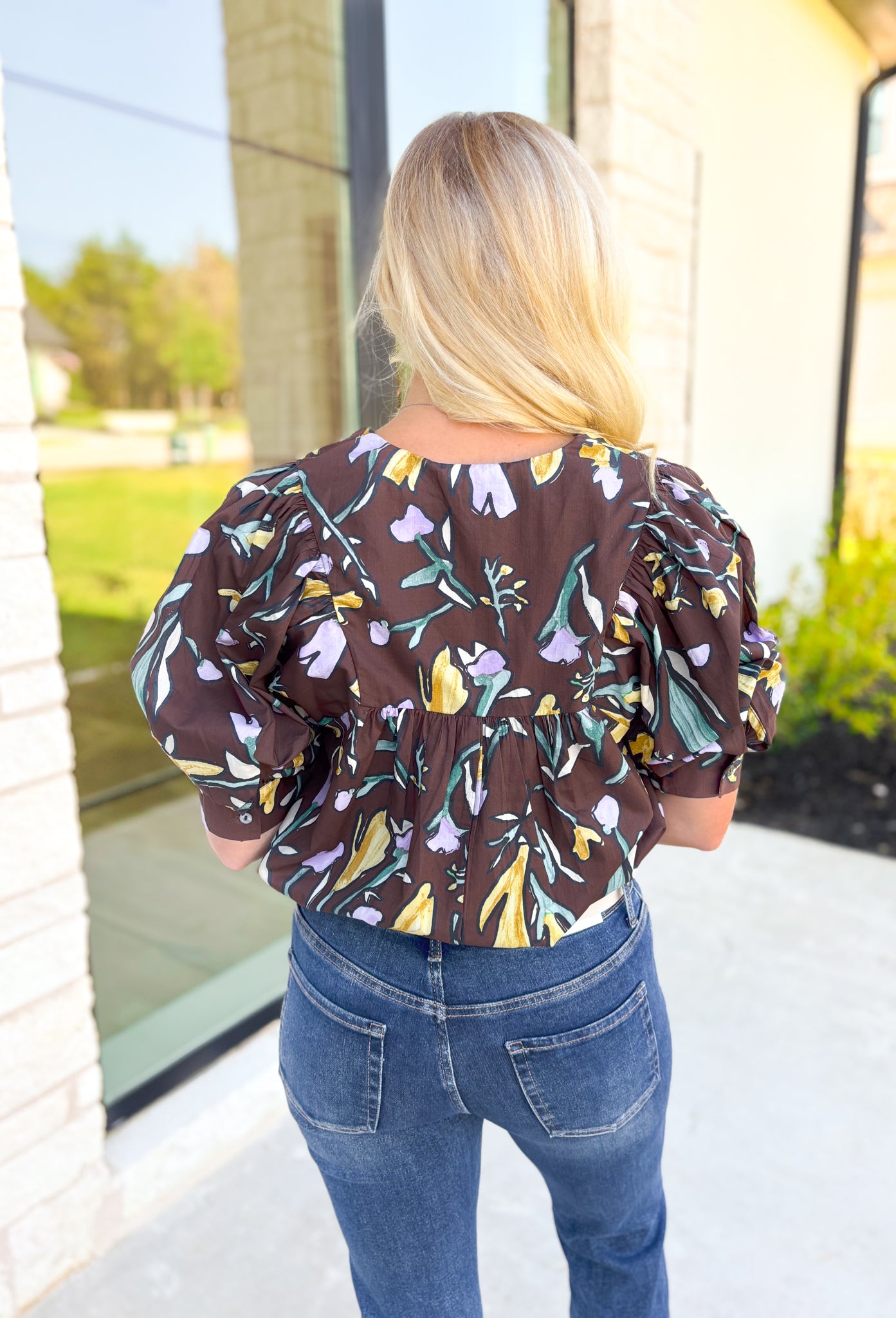 Do Your Best Top, espresso brown puff sleeve blouse with v-neck line and abstract tulips in the colors pale yellow, lilac, and green