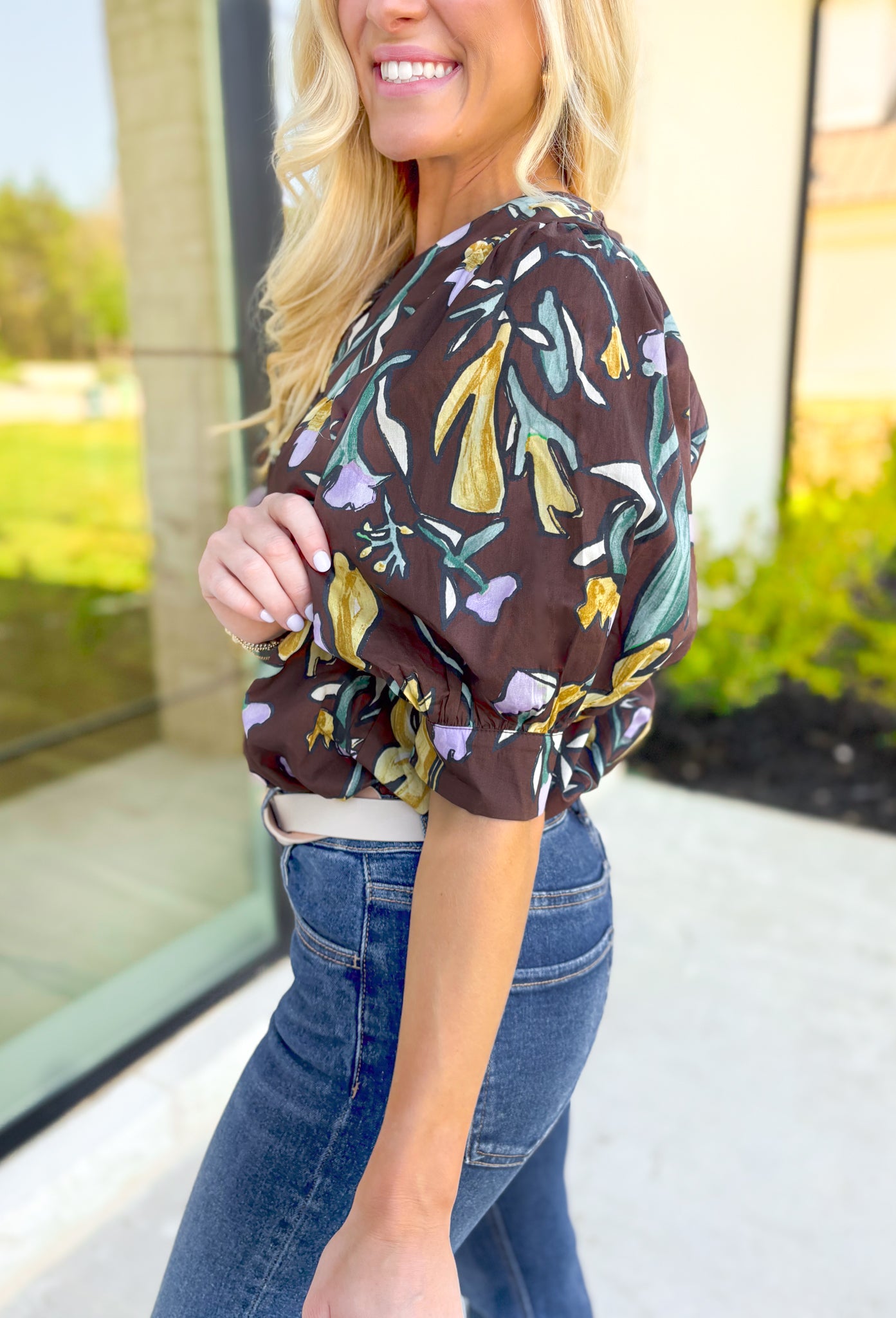 Do Your Best Top, espresso brown puff sleeve blouse with v-neck line and abstract tulips in the colors pale yellow, lilac, and green