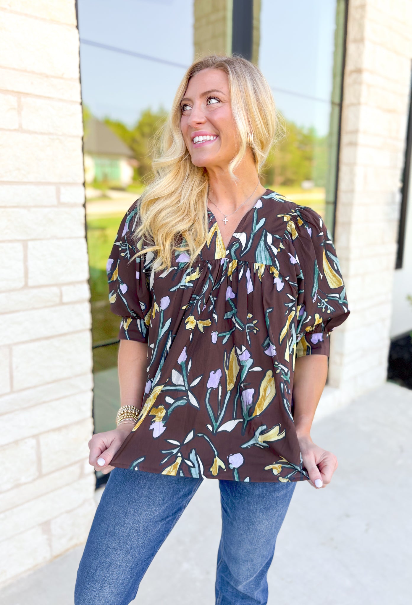 Do Your Best Top, espresso brown puff sleeve blouse with v-neck line and abstract tulips in the colors pale yellow, lilac, and green