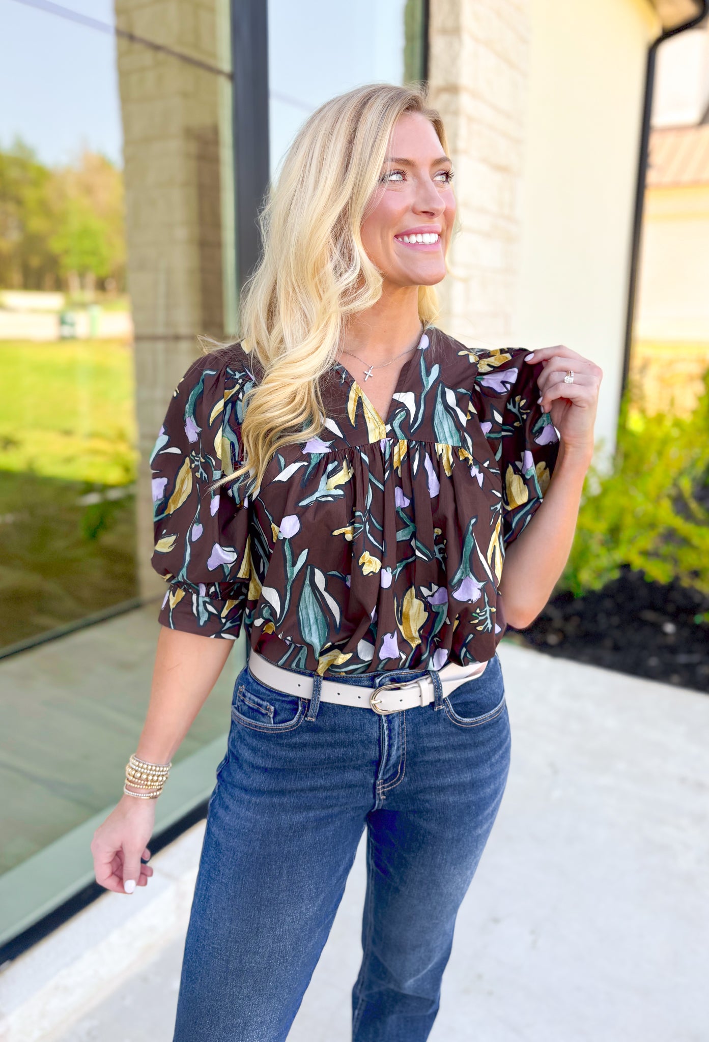 Do Your Best Top, espresso brown puff sleeve blouse with v-neck line and abstract tulips in the colors pale yellow, lilac, and green