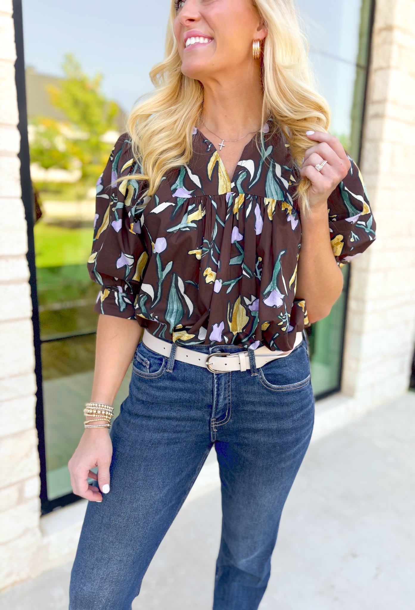 Do Your Best Top, espresso brown puff sleeve blouse with v-neck line and abstract tulips in the colors pale yellow, lilac, and green