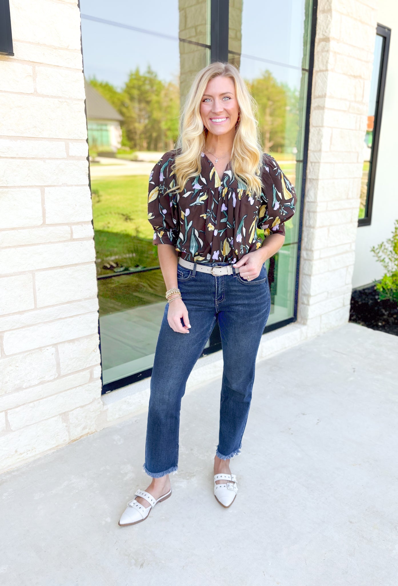 Do Your Best Top, espresso brown puff sleeve blouse with v-neck line and abstract tulips in the colors pale yellow, lilac, and green