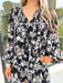 Dream About It Floral Dress, black, taupe, and white long sleeve tiered floral dress with v-neck line, grey and white horizontal stripe piping on the tiers and neck line