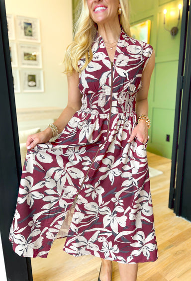 Dreamy Date Floral Dress, maroon, cream, and charcoal sleeveless floral zip up midi dress with v-neckline and pockets