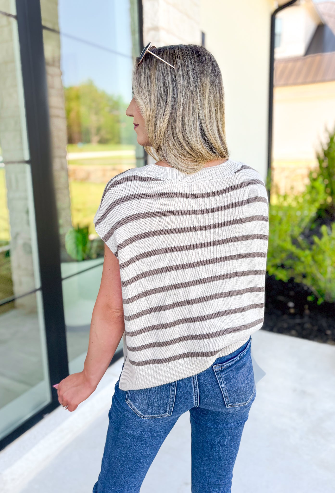 Easy Going Sleeveless Sweater, cream and mocha striped knit sleeveless sweater tank