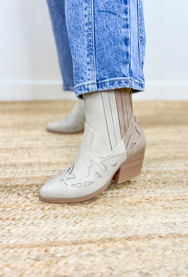 Ember Taupe Boots, cream and taupe ankle boot with wooden heel and side zipper 