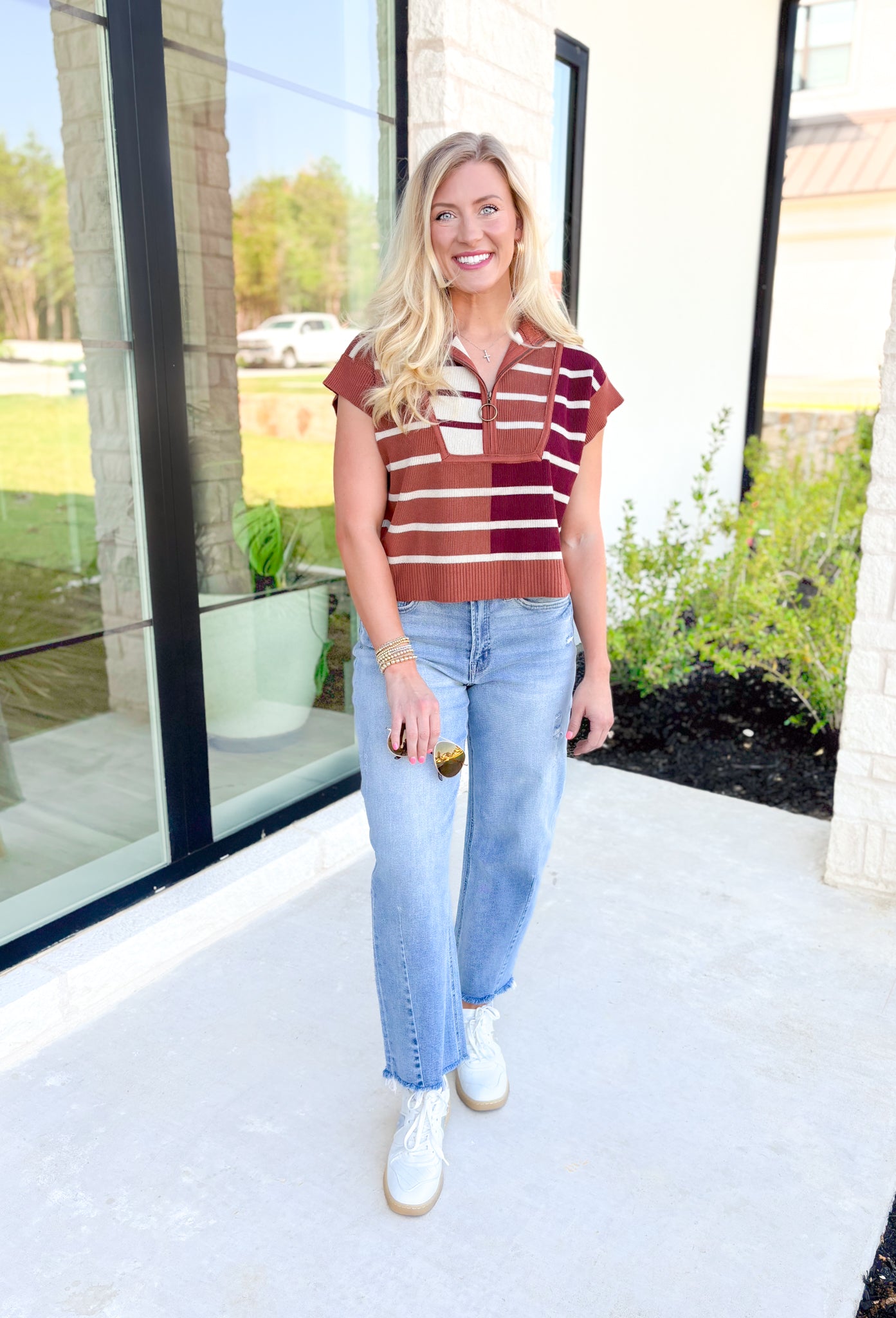 Fall In Vermont Pullover, cap sleeve quarter zip stripe knit pullover in burnt orange, cream, and burgundy 