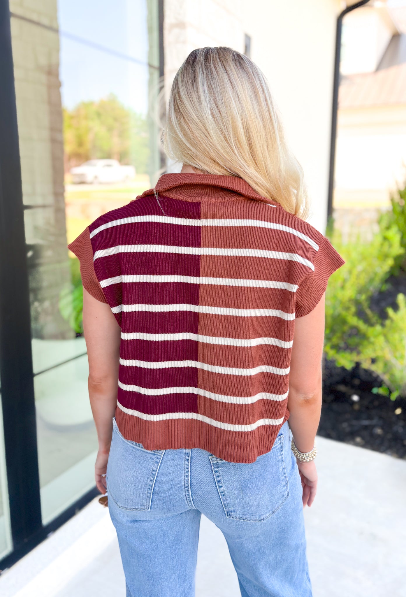 Fall In Vermont Pullover, cap sleeve quarter zip stripe knit pullover in burnt orange, cream, and burgundy 