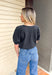 Fast Pace Top in Black, washed black short puff sleeve top with seam details 