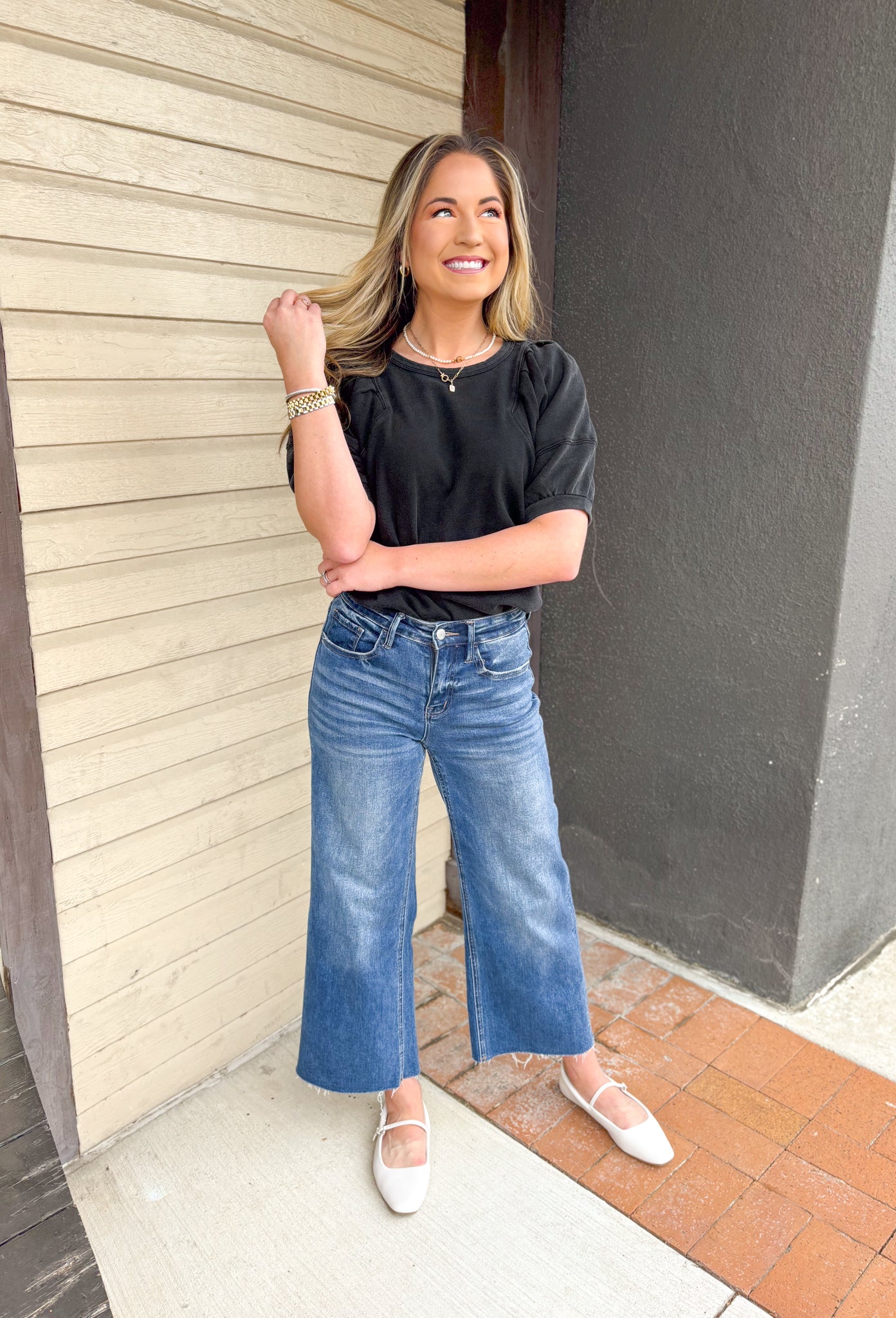 Fast Pace Top in Black, washed black short puff sleeve top with seam details 