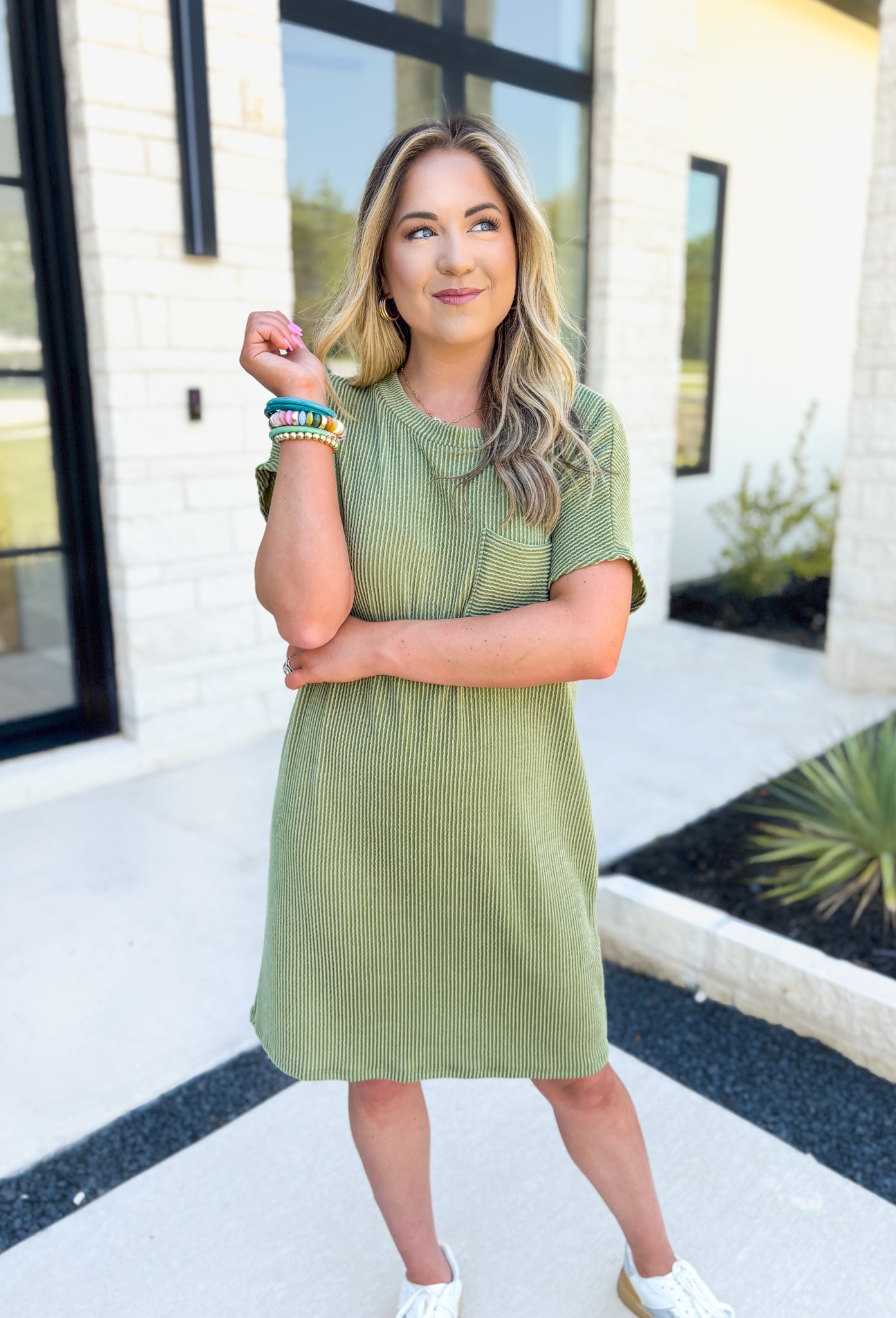 Feelings For You Dress in Army Green, short sleeve textured dress with front pocket