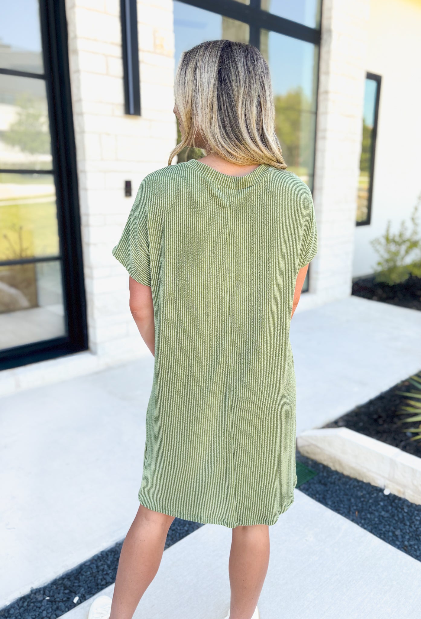 Feelings For You Dress in Army Green, short sleeve textured dress with front pocket