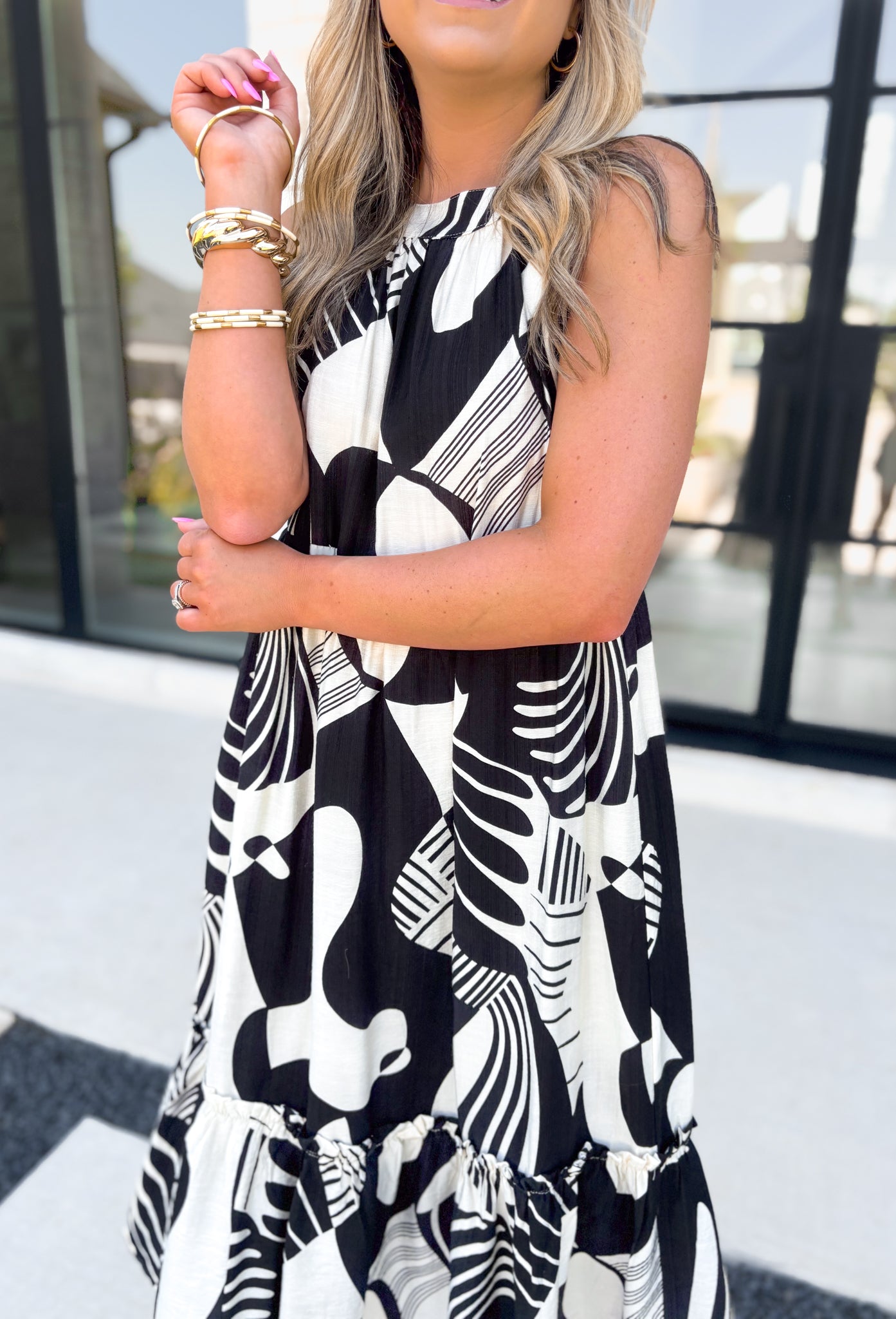 Feel This Moment Midi Dress, black and white abstract shaped high neck tiered sleeveless midi dress with ruffle details on the bottom tier and bow detail on the back of the neck 