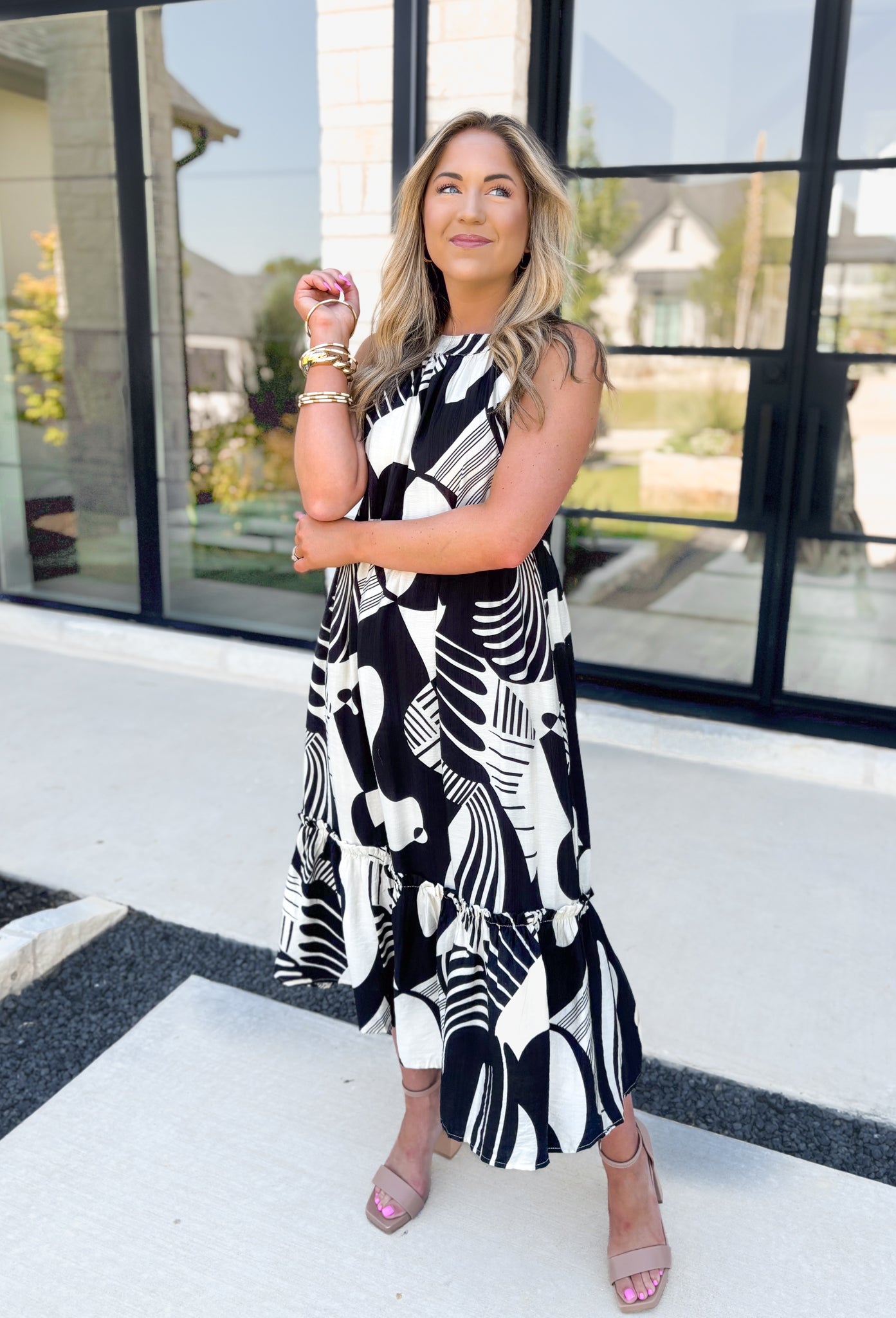 Feel This Moment Midi Dress, black and white abstract shaped high neck tiered sleeveless midi dress with ruffle details on the bottom tier and bow detail on the back of the neck 