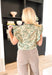 Final Goodbye Top, hunter green and tan floral blouse with scalloped ruffle sleeves and v-neck line 