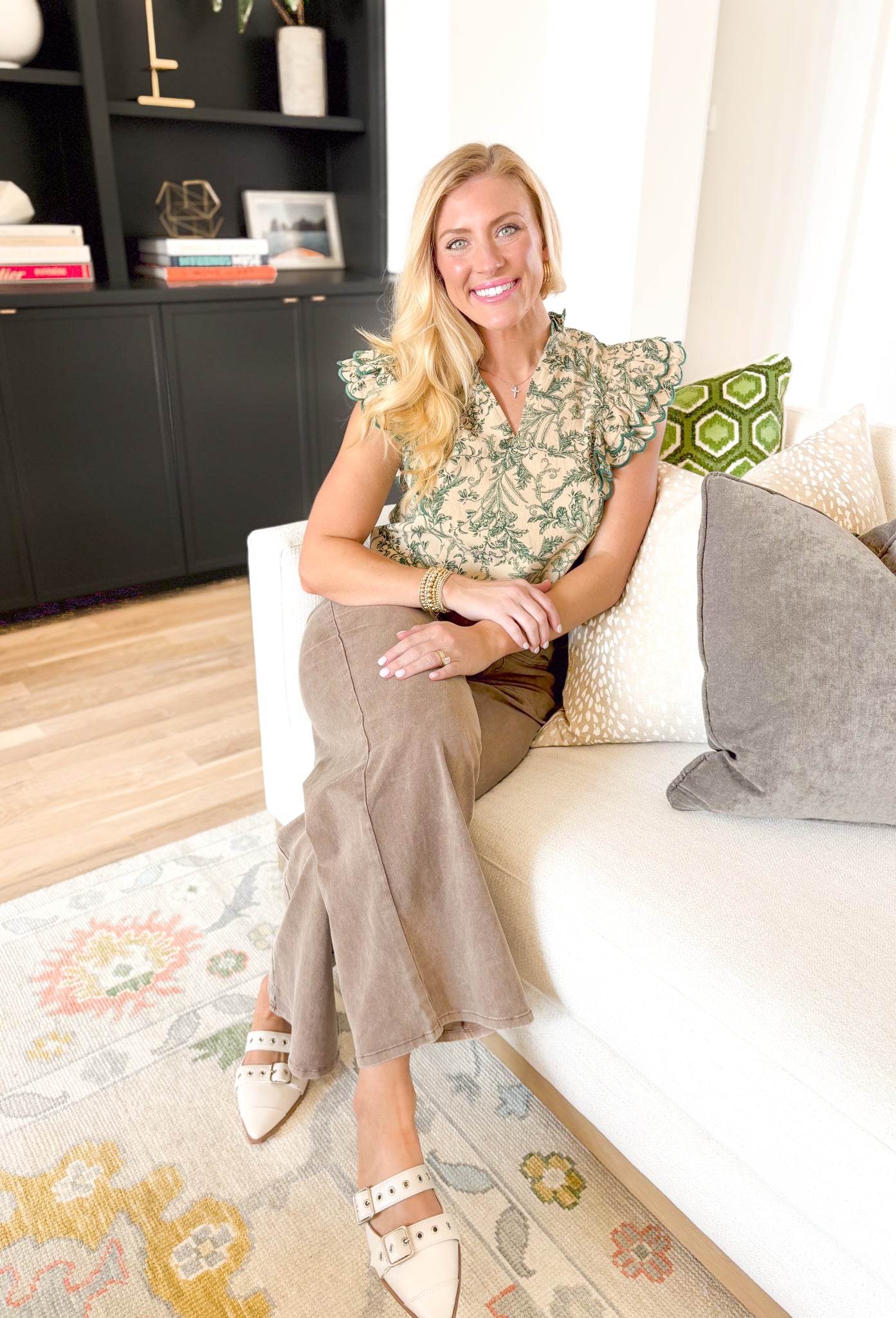 Final Goodbye Top, hunter green and tan floral blouse with scalloped ruffle sleeves and v-neck line 