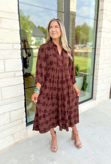 Giving Grace Midi Dress in Brown, chocolate brown midi dress with lace polka-dots on the whole dress, long sleeves, and a v-neck