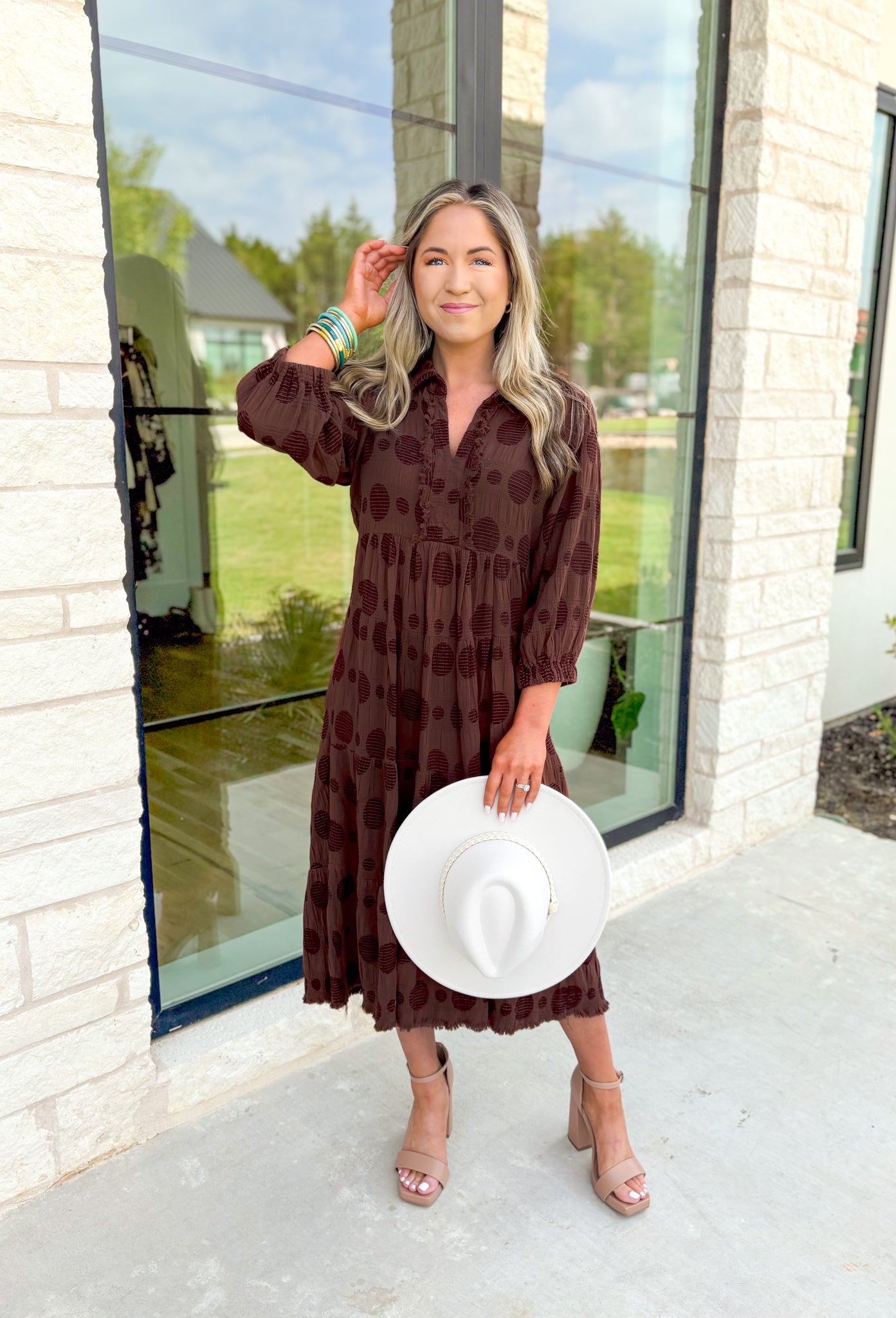 Giving Grace Midi Dress in Brown, chocolate brown midi dress with lace polka-dots on the whole dress, long sleeves, and a v-neck