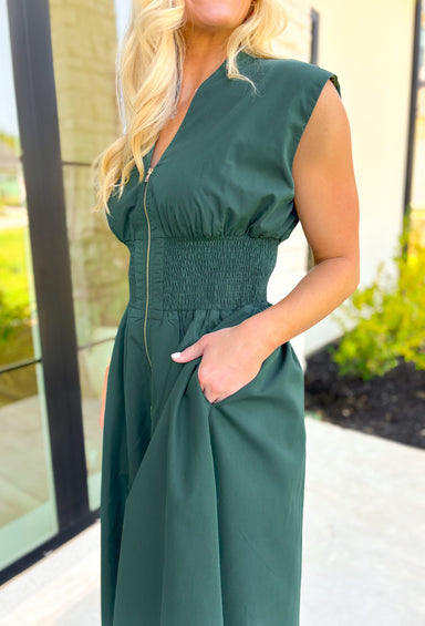 Gone Again Midi Dress in Hunter Green, cap sleeve smocked waist midi dress with zipper detail down the front