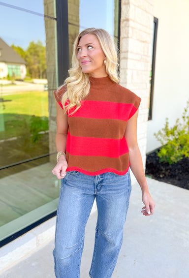 Grace Given Sleeveless Sweater, cognac and red striped mock neck sleeveless sweater top with scalloped hem 