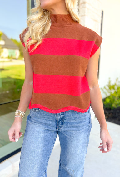 Grace Given Sleeveless Sweater, cognac and red striped mock neck sleeveless sweater top with scalloped hem 