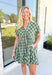 Harvest Cheer Dress, short sleeve v-neck plaid dress in shaded of green, one tier on the bottom of the dress