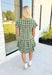 Harvest Cheer Dress, short sleeve v-neck plaid dress in shaded of green, one tier on the bottom of the dress