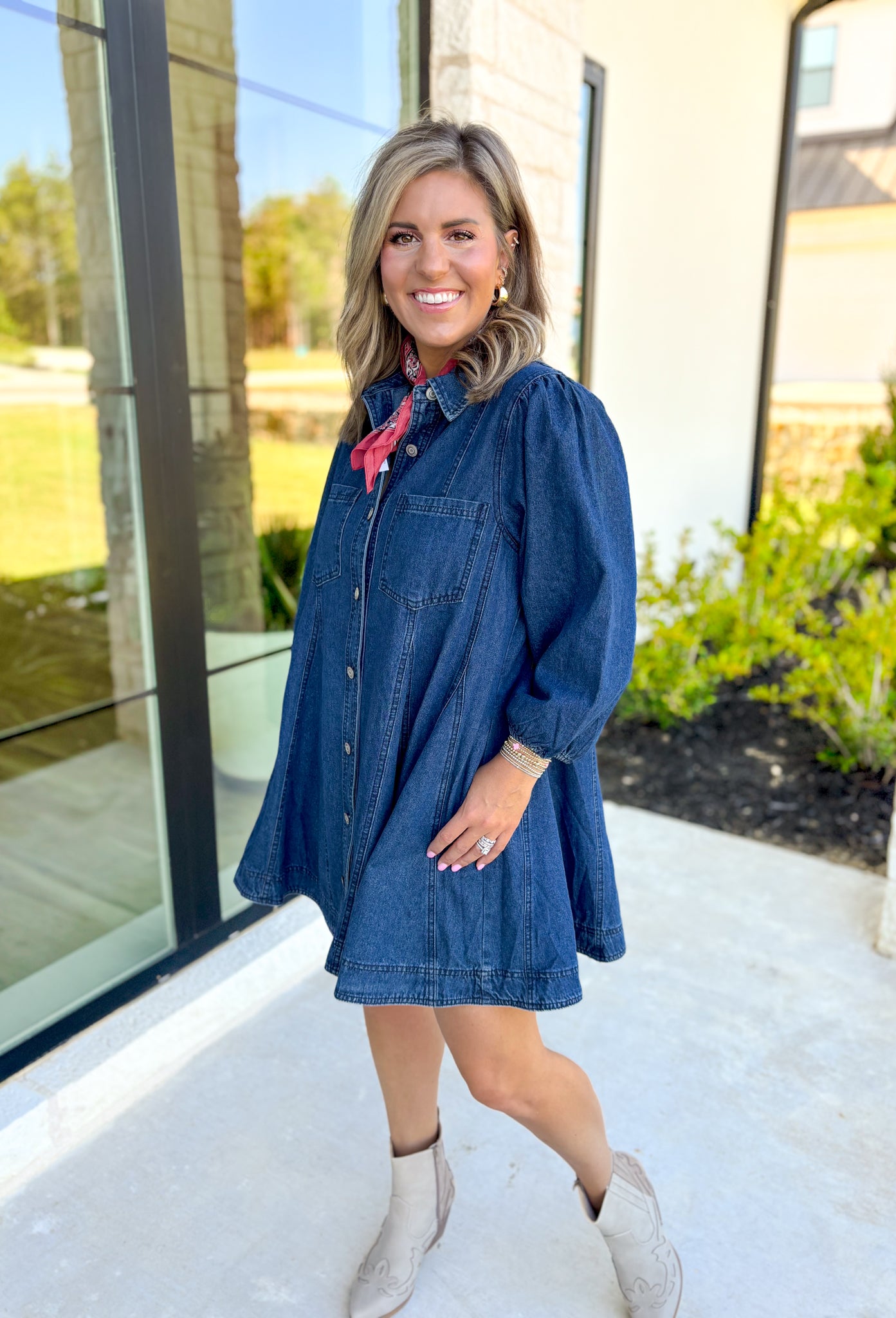 Just A Game Denim Dress, long sleeve button down denim dress with pockets on the side as well as on the chest, cinched wrists