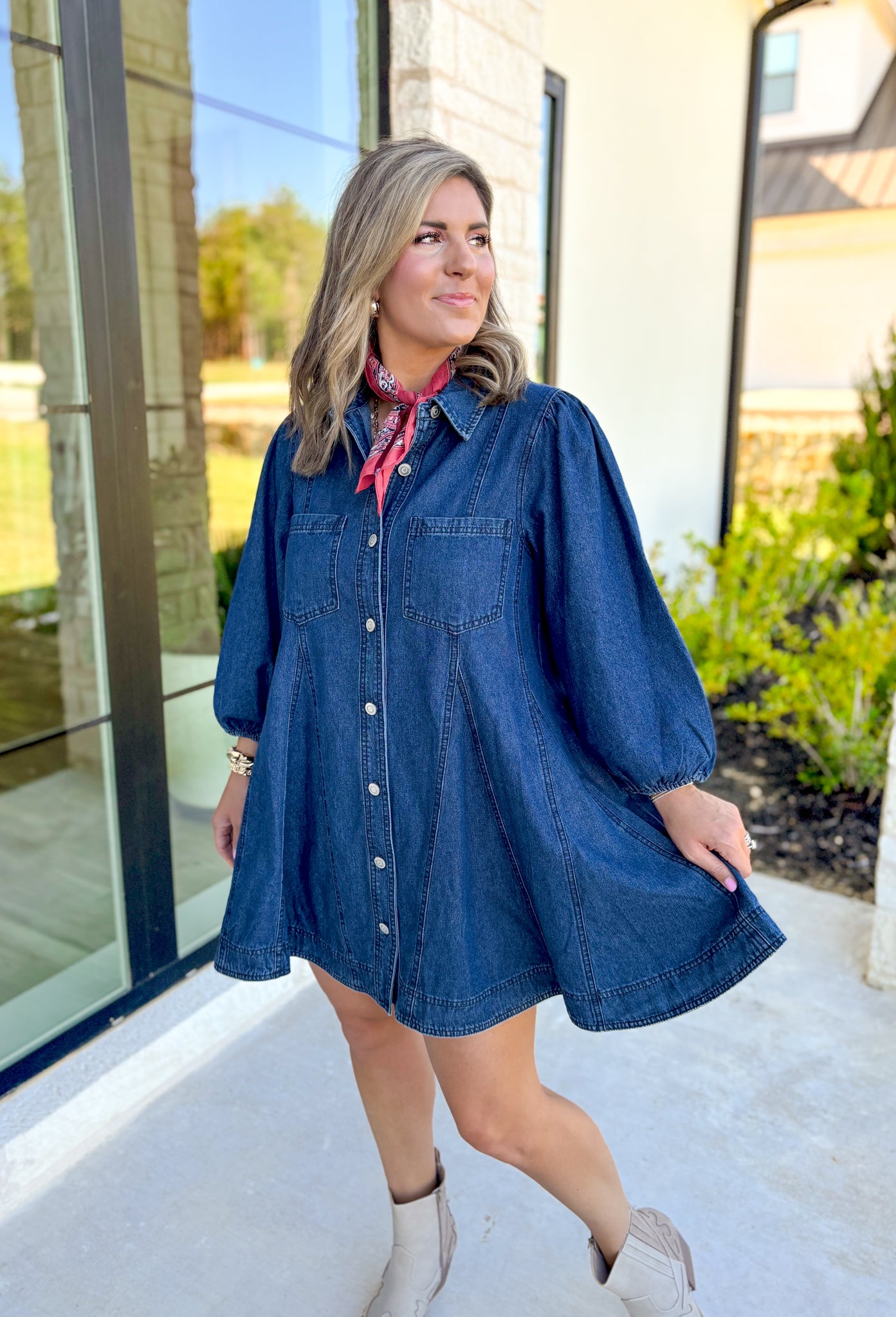 Just A Game Denim Dress, long sleeve button down denim dress with pockets on the side as well as on the chest, cinched wrists